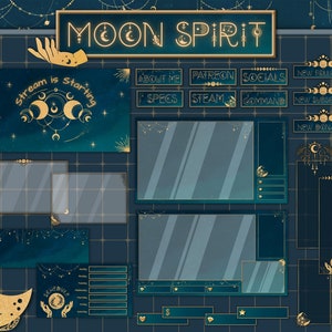 Celestial Twitch overlay pack. Gold Moon stream package.