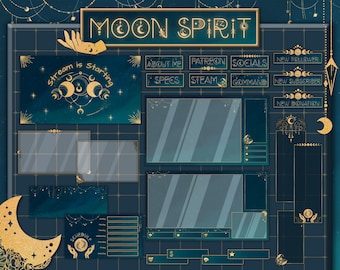 Celestial Twitch overlay pack. Gold Moon stream package.