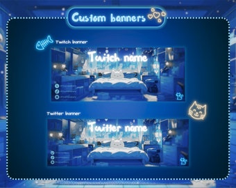 Blue Cat Twitter and Twitch banner. Personalized stream banner, Cat bedroom blue and white.