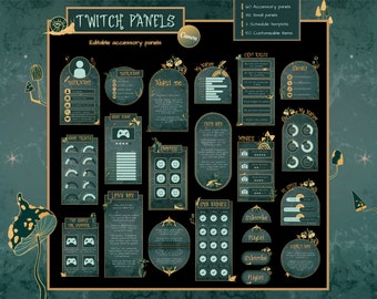 Green Mushroom Twitch panels – Enchanted forest editable twitch panels accessories – Canva template