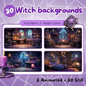 May include: A digital illustration of 30 witch backgrounds, featuring kitchens and bedrooms. The image shows four scenes: a kitchen with a fireplace, a bedroom with a bed, a kitchen with a cauldron, and a bedroom with a fireplace. The text "30 Witch backgrounds" is at the top of the image, and the text "Kitchens & bedrooms" is below it. The text "3 Animated + 30 Still" is at the bottom of the image.