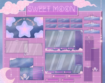 May include: A purple and blue Twitch stream overlay with a celestial theme. The overlay features a large moon, stars, and clouds. The text "SWEET MOON" is displayed at the top of the overlay. The text "Stream is Starting" is displayed in a star shape.
