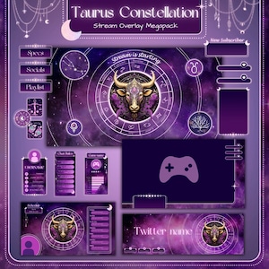 May include: Purple and gold stream overlay pack with a Taurus constellation theme. The overlay includes a variety of elements, such as a stream starting screen, a chat box, a schedule, a new subscriber alert, and a Twitter banner. The overlay also features a stylised image of a bull with a star-filled background.