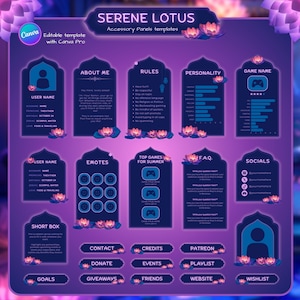 Może przedstawiać: Fioletowo-niebieski szablon cyfrowy dla streamera Twitch z tytułem "Serene Lotus" i tekstem "Szablony paneli dodatkowych". Szablon zawiera sekcje dla nazwy użytkownika, o mnie, zasad, osobowości, nazwy gry, emotikonów, najlepszych gier na lato, FAQ, mediów społecznościowych, krótkiego pola, kontaktu, informacji o twórcach, Patronite, darowizn, wydarzeń, playlisty, celów, rozdań, znajomych, strony internetowej i listy życzeń.