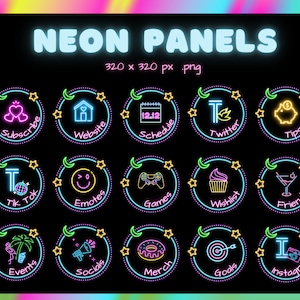 Peut inclure: Ensemble d'icônes circulaires de style néon sur fond noir. Chaque icône présente un symbole et un texte différents, tels que "Subscribe", "Website", "Twitter" et "Instagram". Les icônes sont soulignées en bleu et rose néon.