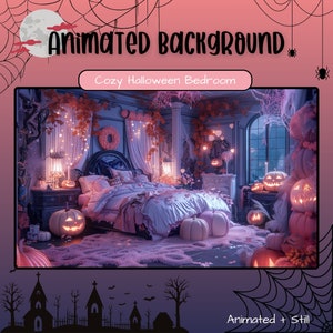 Peut inclure: Illustration numérique d'une chambre d'Halloween douillette. La pièce est décorée de citrouilles, de guirlandes lumineuses et de toiles d'araignées. Le texte "Animated Background" et "Cozy Halloween Bedroom" sont affichés.
