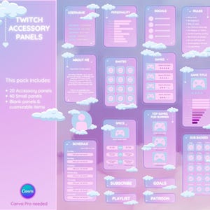 Pastel cloud twitch panels info. Celestial Twitch panels bio. Cute stream panels slider. Pink Cozy twitch info panels set. Canva template.