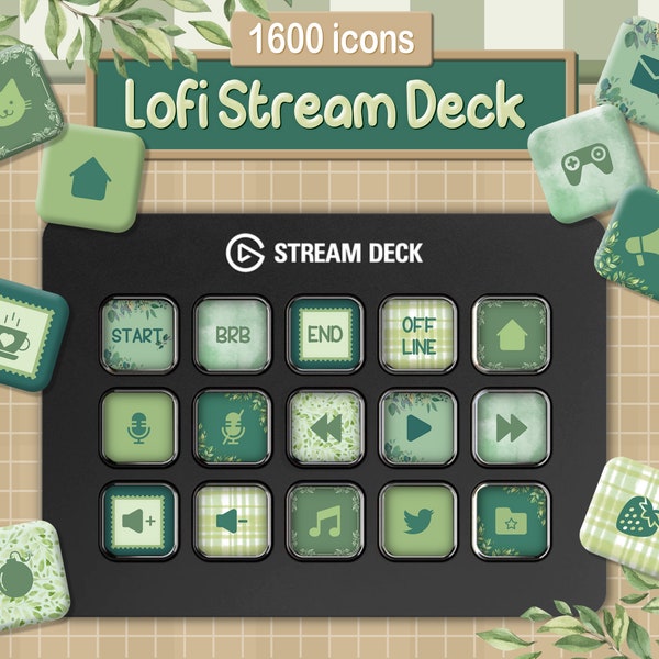 Ensemble d'icônes Lofi Green Stream Deck pour Elgato. 1600 icônes confortables pour Elgato Streamdeck.