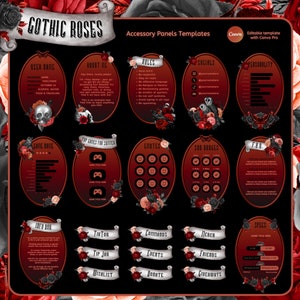 Gothic Twitch panels, skulls and red roses. Horror accessory panels for streamers – Editable Canva Template