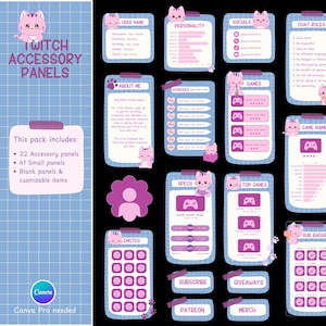 Cat Twitch panels info. Blue Kawaii bio panels. Cute stream panels slider. Pastel Aesthetic Accessory Set for Streamers. Canva template.
