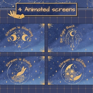 Moon starting soon screen for Twitch. Celestial stream animated screens.