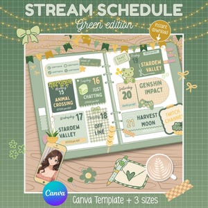 Puede incluir: Una plantilla de planificador digital con un tema verde, que presenta un programa de transmisión semanal. El diseño incluye ilustraciones de un teléfono, una taza de café y un bolígrafo. El texto incluye las palabras "Stream Schedule" y "Green edition".