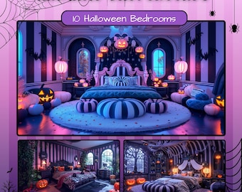 May include: A digital art image showcasing animated Halloween bedroom backgrounds. The main image features a bedroom with a large bed, pumpkin decor, and striped walls. The text reads "Animated Backgrounds" and "10 Halloween Bedrooms".