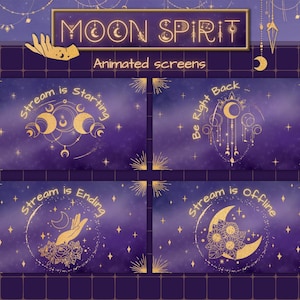 May include: Four animated screens with a purple and gold starry night sky background. The screens feature different moon phases and text that reads "Stream is starting", "Stream is ending", "Be Right Back", and "Stream is offline".