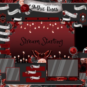Goth twitch overlay package, Horror stream overlay, Gothic red roses stream package. Halloween Twitch animated overlays. Skulls and ravens.