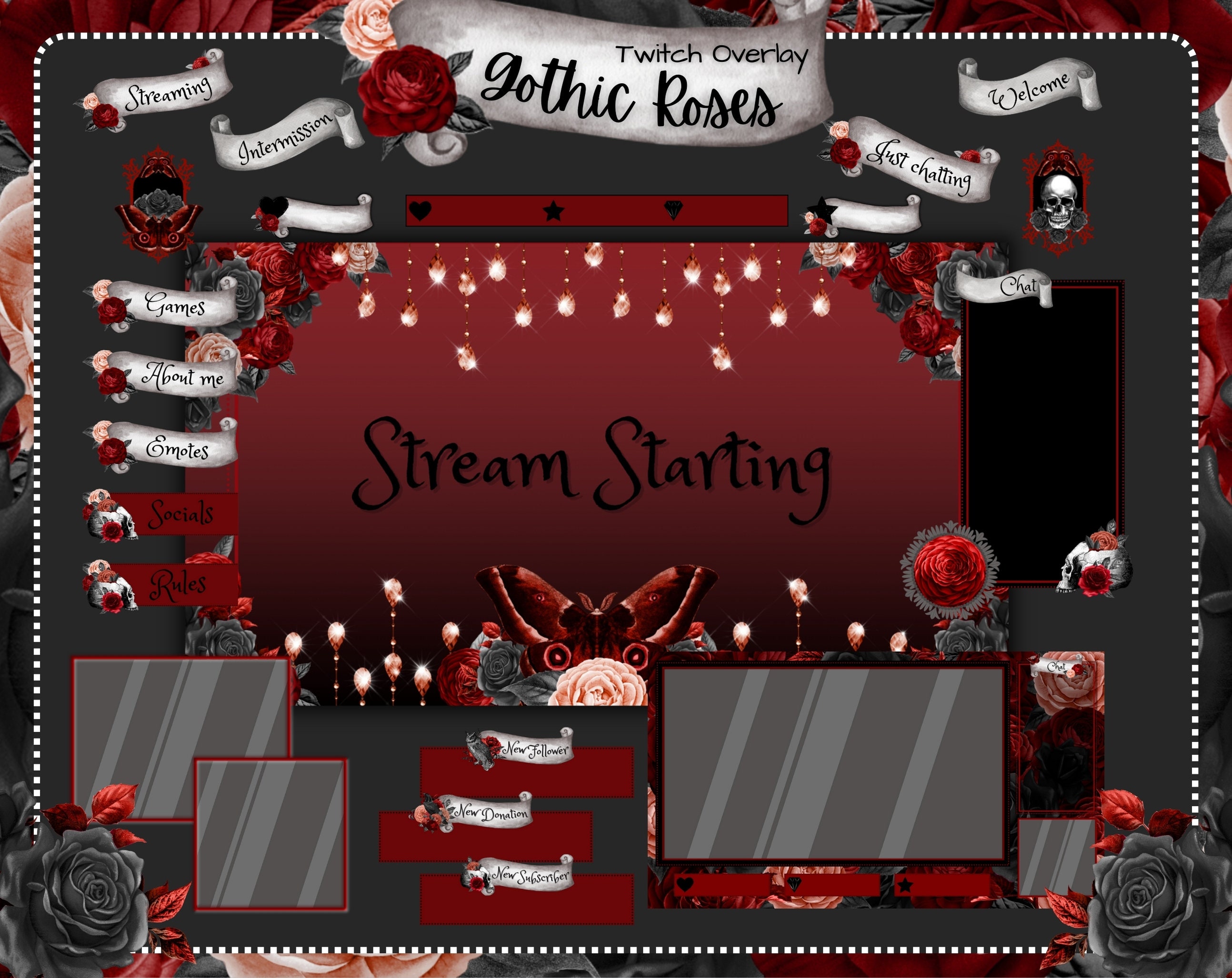 Goth Twitch Overlay Package Horror Stream Overlay Gothic Red Roses 