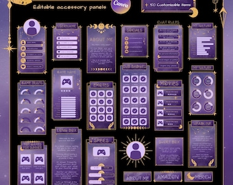 Purple Moon Twitch Panels - Cosmic Gold Heavenly Stream Panels – Celestial Twitch Theme – Mystical Night Aesthetic – CANVA EDITABLE TEMPLATE