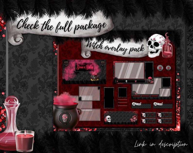 Witch Twitch overlay pack with skull. Premade overlays ready to use, animated sceens, twitch panels, webcam borders, chat box, ...  Dark aesthetic on red and black.