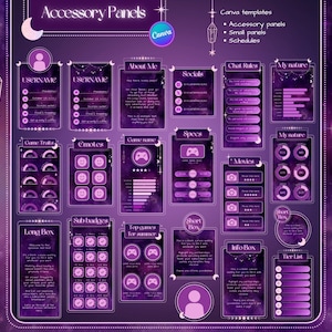Op de afbeelding: Een set van 16 paarse en witte digitale panelen met een galaxie achtergrond. De panelen zijn ontworpen voor gebruik op sociale media platforms en bevatten secties voor gebruikersinformatie, spelkenmerken, emoticons, spelnamen, specificaties, films, chatregels en meer.