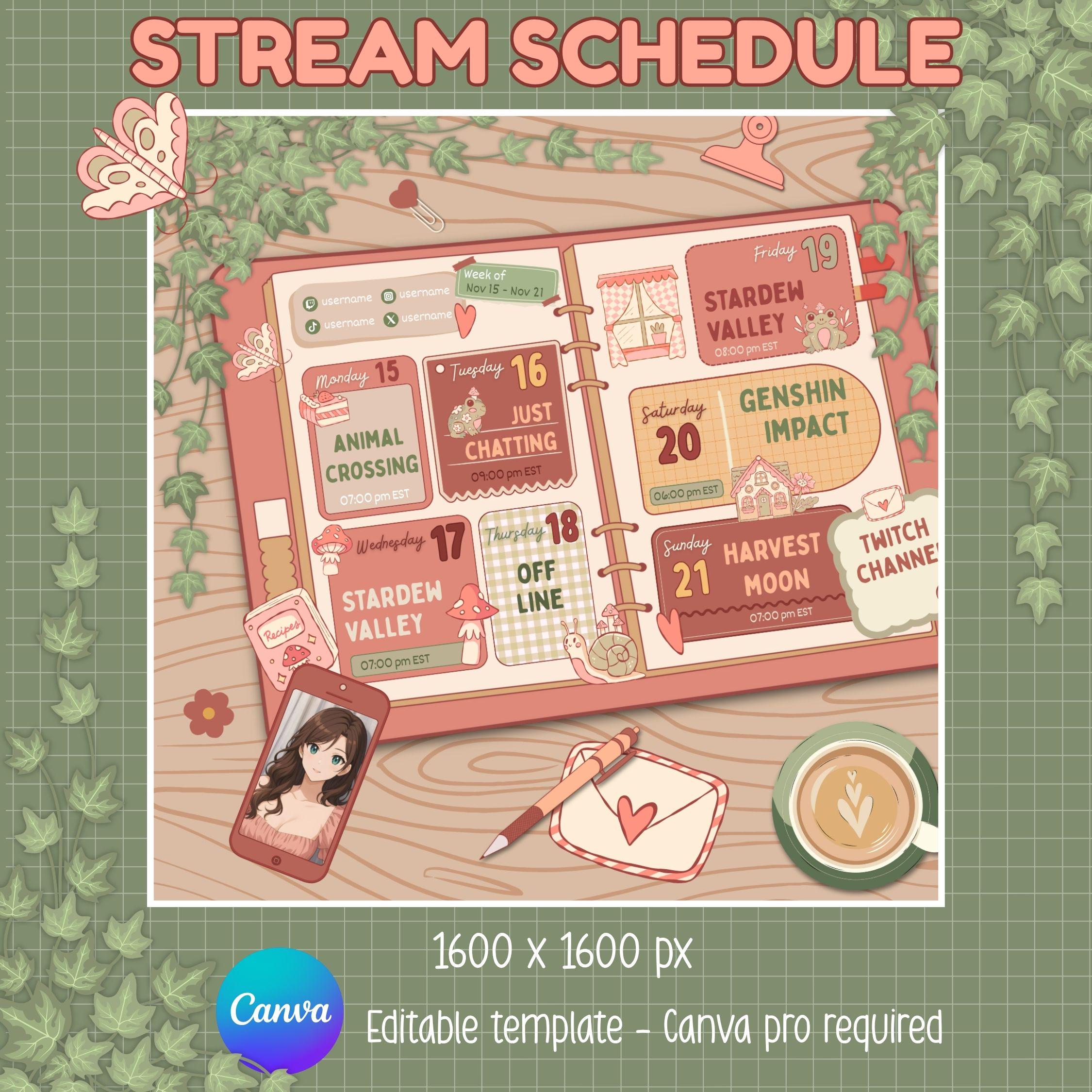 Cottagecore Stream Schedule, Cozy Twitch Stream Schedule Template ...