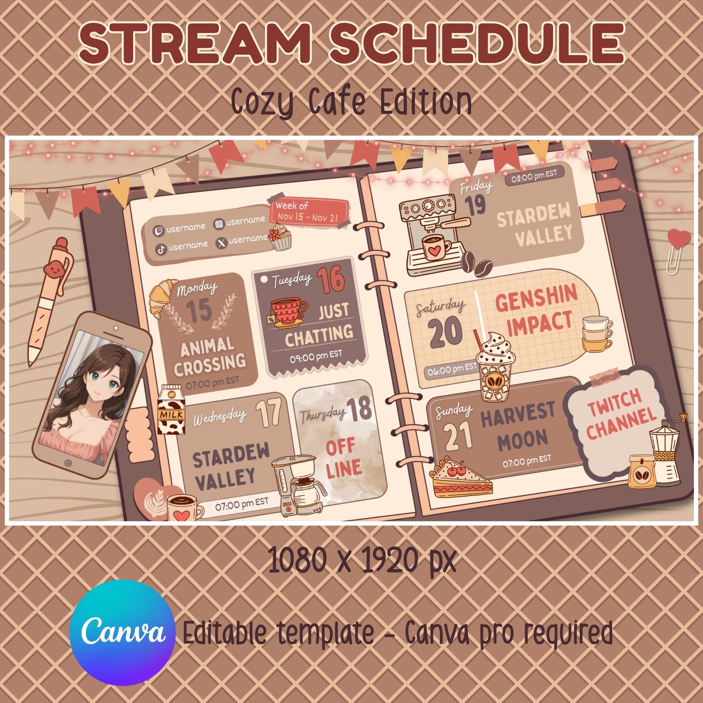 Cozy Stream Schedule, Cafe Twitch Stream Schedule Template, Coffee ...