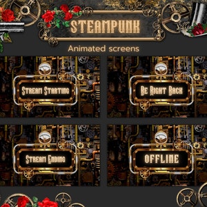 Könnte beinhalten: Vier animierte Bildschirme mit einem Steampunk-Thema. Die Bildschirme zeigen einen goldenen und schwarzen Hintergrund mit Zahnrädern, Rohren und anderen industriellen Elementen. Der Text auf den Bildschirmen lautet "Stream Starting", "Be Right Back", "Stream Ending" und "Offline".