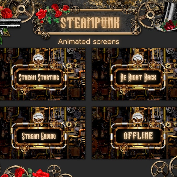 Steampunk Twitch animated screens. Industrial screens.