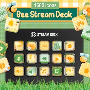 May include: Bee Stream Deck with 1600 icons. The deck has a black background with yellow and green buttons. The buttons have various icons, including a microphone, a play button, a stop button, and a chat button. The buttons are surrounded by a yellow and green border.