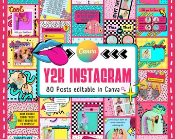 May include: A collection of 80 colorful and customizable Instagram post templates with a Y2K aesthetic. The templates feature various designs, including geometric patterns, text boxes, and cartoon-style illustrations. The text "Y2K INSTAGRAM" and "80 Posts editable in Canva" is displayed in a bold, pink font.