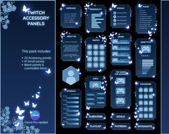 Twitch panels bio. Blue twitch panels canva template. Butterfly stream panels bio. Fantasy forest twitch info panels set.