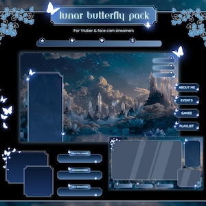 Puede incluir: Un paquete de superposición de streamer azul y blanco con un fondo de paisaje de fantasía y mariposas. La superposición incluye secciones para nuevos seguidores, resubscribers, nuevas donaciones, sobre mí, eventos, juegos y una lista de reproducción.