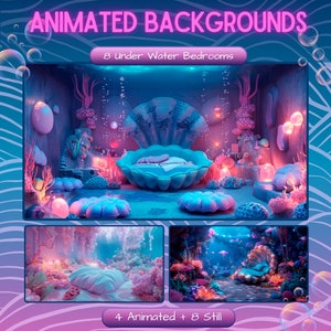 Könnte beinhalten: Eine digitale Illustration von acht Unterwasser-Schlafzimmer-Szenen. Vier der Szenen sind animiert und acht sind statisch. Die Szenen zeigen ein Muschelbett, Korallen und leuchtende Lichter. Der Text "8 under Water Bedrooms" und "4 Animated + 8 Still" ist im Bild enthalten.