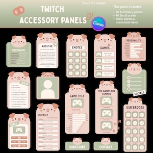 Puede incluir: Una colección digital de paneles de accesorios para Twitch con temática de cerdito en rosa pastel y verde salvia. El conjunto incluye varias plantillas para nombres de usuario, sobre mí, emotes, juegos, personalidad, reglas y medallas.