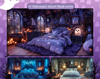 May include: Five animated Halloween ghost bedroom backgrounds with a purple and black color scheme. The backgrounds feature a bed with a purple and white comforter and a ghost lamp. The text "5 Halloween Ghost Bedrooms" is at the top of the image.