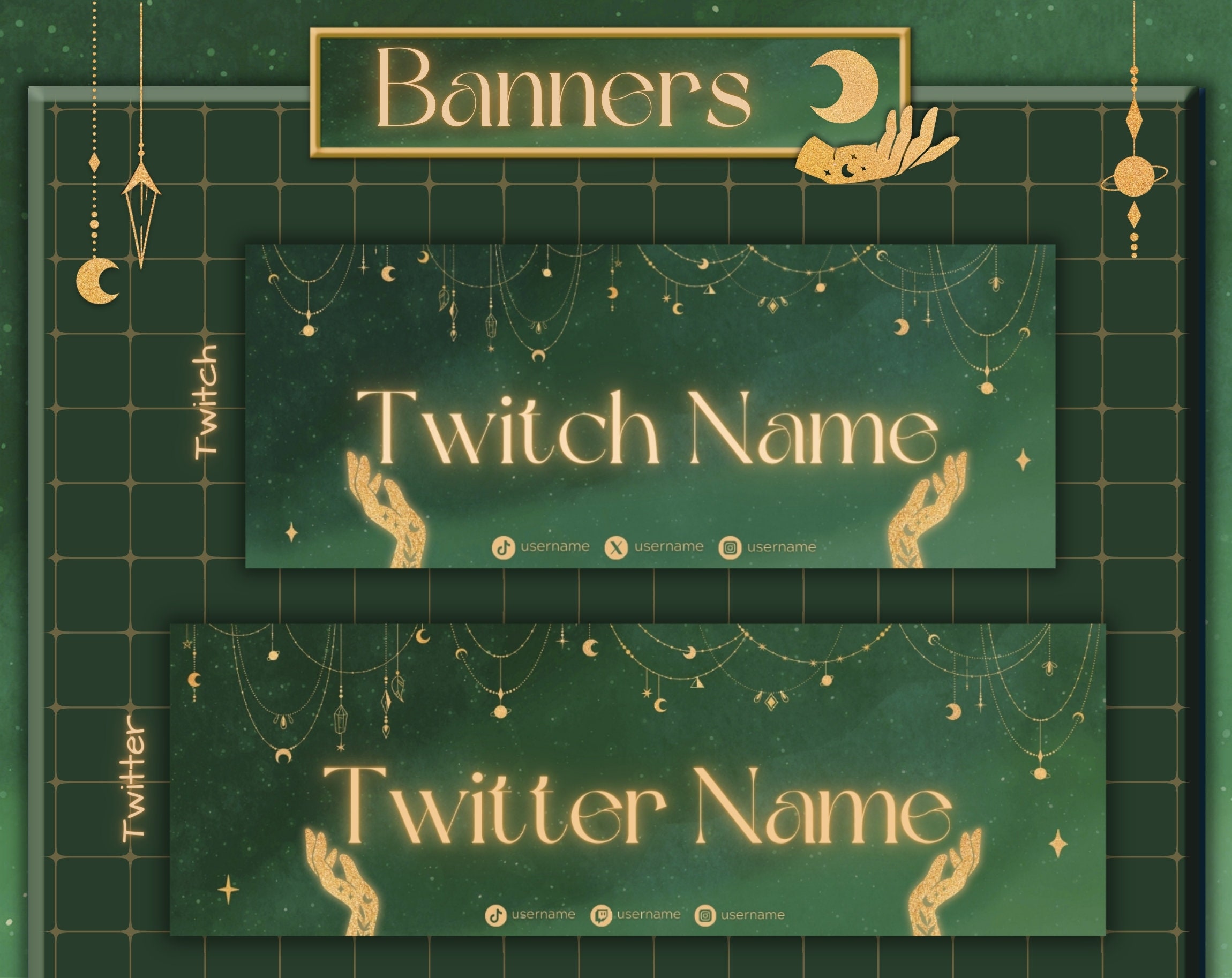 Green Celestial Twitter and Twitch Banner. Personalized Green Stream ...