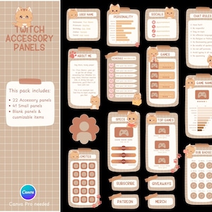 Información sobre los paneles de Twitch de Cozy Cat. Paneles biográficos kawaii. Control deslizante de paneles de transmisión lindos. Conjunto de accesorios de estética pastel para streamers. Plantilla de Canva.