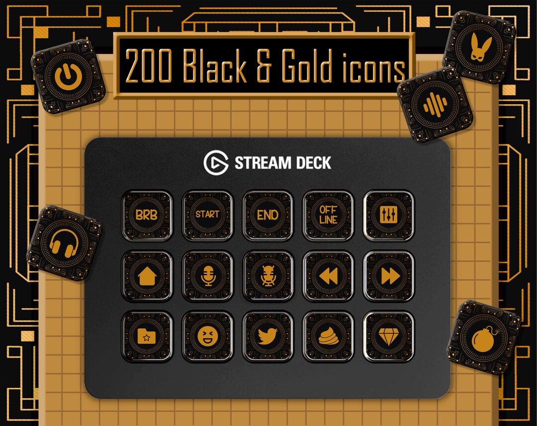 Stream Deck Icons Set Screensavers. 200 Black and Gold Icon Pack for