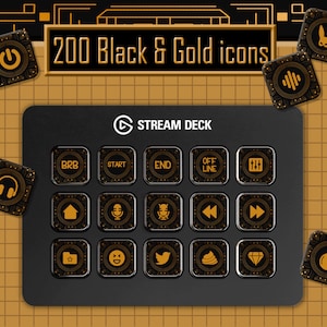 Stream Deck icons set + screensavers. 200 Black and gold Icon Pack for Elgato Streamdeck. Steampunk icons.
