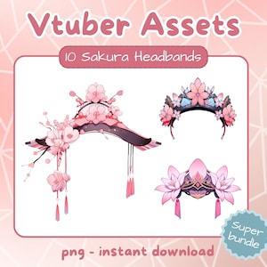 May include: A set of 10 digital illustrations of pink and white sakura flower headbands for Vtubers. The image shows three different headband designs. The text "Vtuber Assets" and "10 Sakura Headbands" is visible in the image. The text "png - instant download" is also visible in the image.