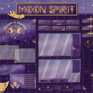 Purple Moon Twitch overlay pack. Celestial stream package.