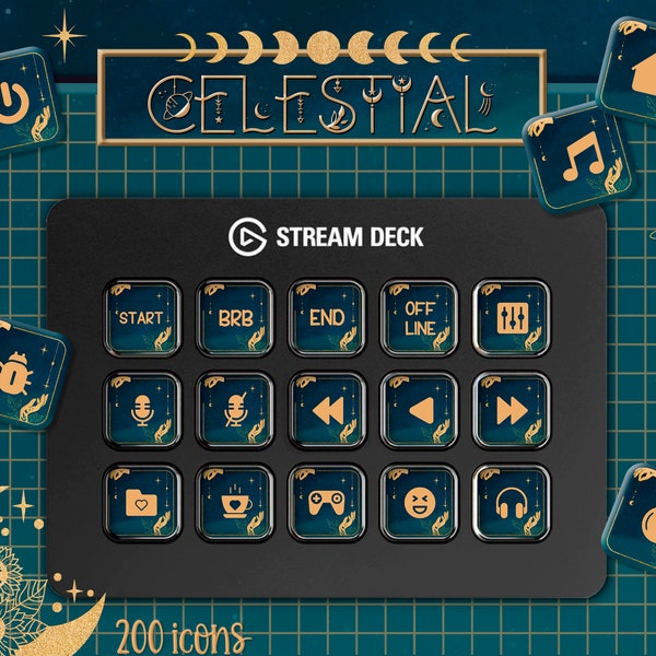 Set di icone Stream Deck + screensaver. 200 Celestial Icon Pack per Elgato Streamdeck. Icone della luna d'oro.