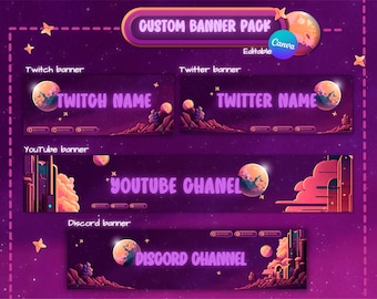 Fullmåne, mall för banner för sociala medier. Natthimmel Twitch-profilbanner. Twitch-, Twitter-, Youtube- och Discord-header redigerbar med Canva.