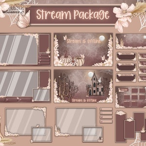 Op de afbeelding: Een set van 10 stream overlays met een griezelig herfstthema. De overlays hebben een bruin en wit kleurenschema met pompoenen, kaarsen en een spookhuis. De overlays omvatten een titelkaart, een stream offline scherm, een schema en social media panelen.
