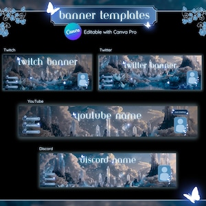 Può includere: Un set di quattro modelli di banner per piattaforme di social media, con un paesaggio fantastico con cristalli blu e bianchi, nuvole e montagne. I modelli sono per Twitch, Twitter, YouTube e Discord. Ogni modello include un segnaposto per un'immagine del profilo e del testo.