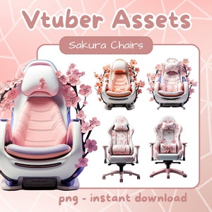 May include: Five pink and white gaming chairs with cherry blossom accents. The chairs have different designs on the backrests and seats. The text "Sakura Chairs" is at the top of the image. The text "png - instant download" is at the bottom of the image.