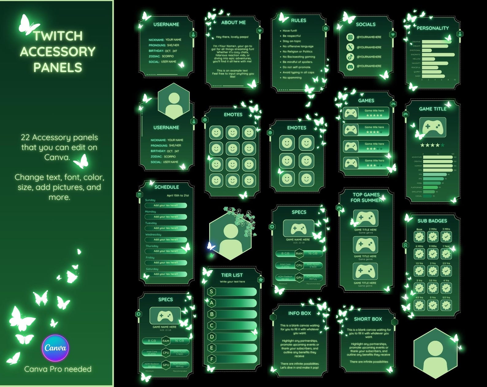 Green Twitch Panels Canva Template. Nature Twitch Panels Bio. Butterfly ...