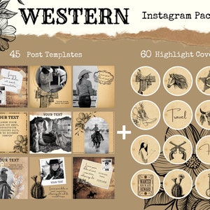 Bundle Instagram Cowgirl, couvertures de surbrillance occidentales et modèles de publication Instagram. Contenu des médias sociaux du cheval.