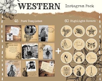 Cowgirl Instagram bundle, Western highlight covers and Instagram post templates. Horse social media content.