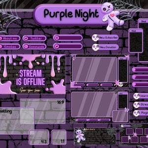 Goth Twitch overlay package. Purple spooky stream overlay bundle. Halloween Twitch overlay.