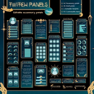 Puede incluir: Un conjunto de 18 paneles de Twitch personalizables con un tema celestial. Los paneles son de color azul oscuro con detalles dorados y presentan varios iconos y campos de texto. Los paneles incluyen secciones para el nombre de usuario, sobre mí, reglas de chat, mi naturaleza, nombre del juego, rasgos del juego, emoticonos, insignias de suscripción, películas, caja larga, especificaciones, caja corta, sobre mí, amazon, mercancía, discord, juegos y comandos.